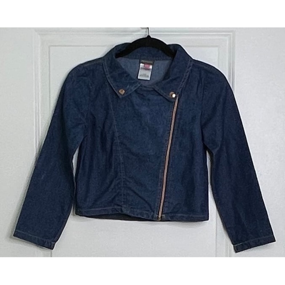 Vince Camuto Girls Size 12 Blue Denim Moto Asymmetric Zip Cropped Jacket